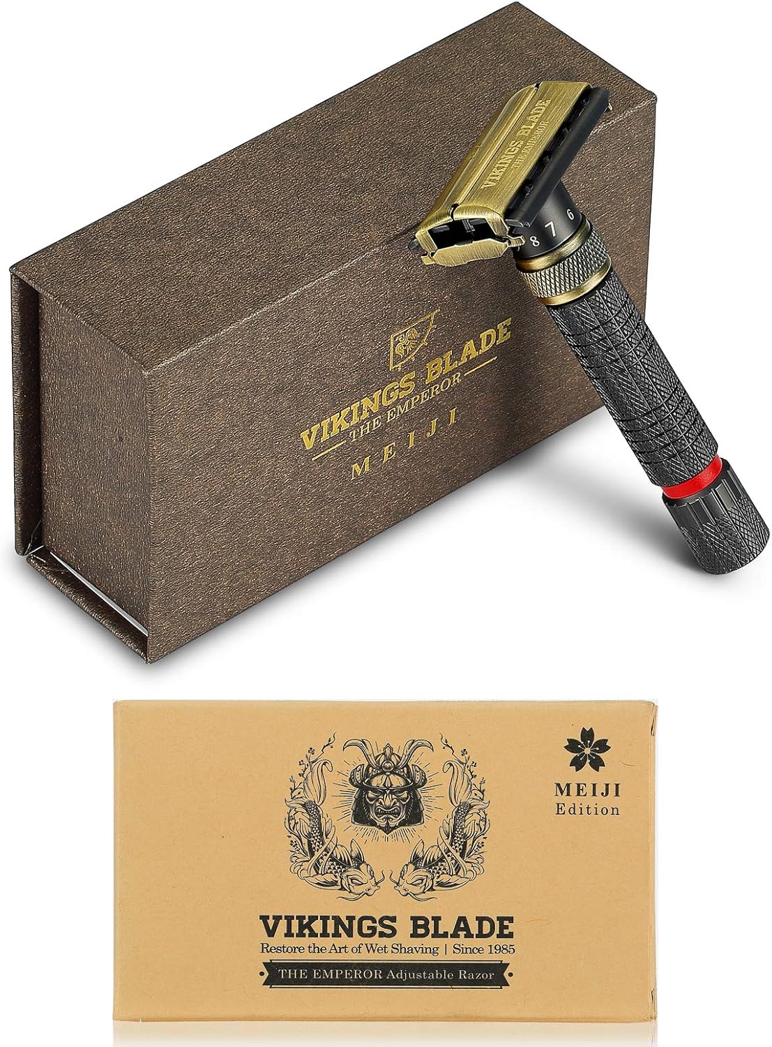 VIKINGS BLADE Adjustable Double Edge Safety Razor, The Emperor MEIJI by , Short & Fat Handle, Solid Brass, Butterfly Twist-To-Open, Eco Friendly, Luxury Case. Smooth, Close, Clean Shaving Razor