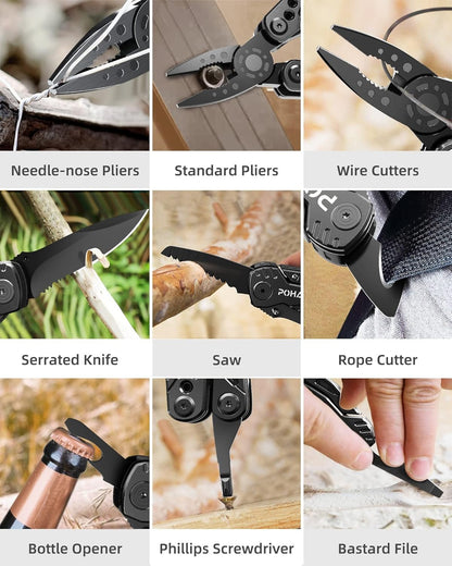 Pohaku Multitool Knife, Pohaku 13 in 1 Pocket Multitool, Multi Tool with 3" Large Blade, Safety Locking Design, Spring-Action Plier, Durable Nylon Sheath for Outdoor, Camping, Fishing, Survival,Hiking
