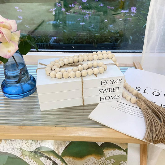 Decorative Books for Home Decor, White Faux Books for Decoration, Rustic Farmhouse Stacked Display Books with 52in Wood Bead Garland for Coffee Tables Living Room, (Home Sweet Home)