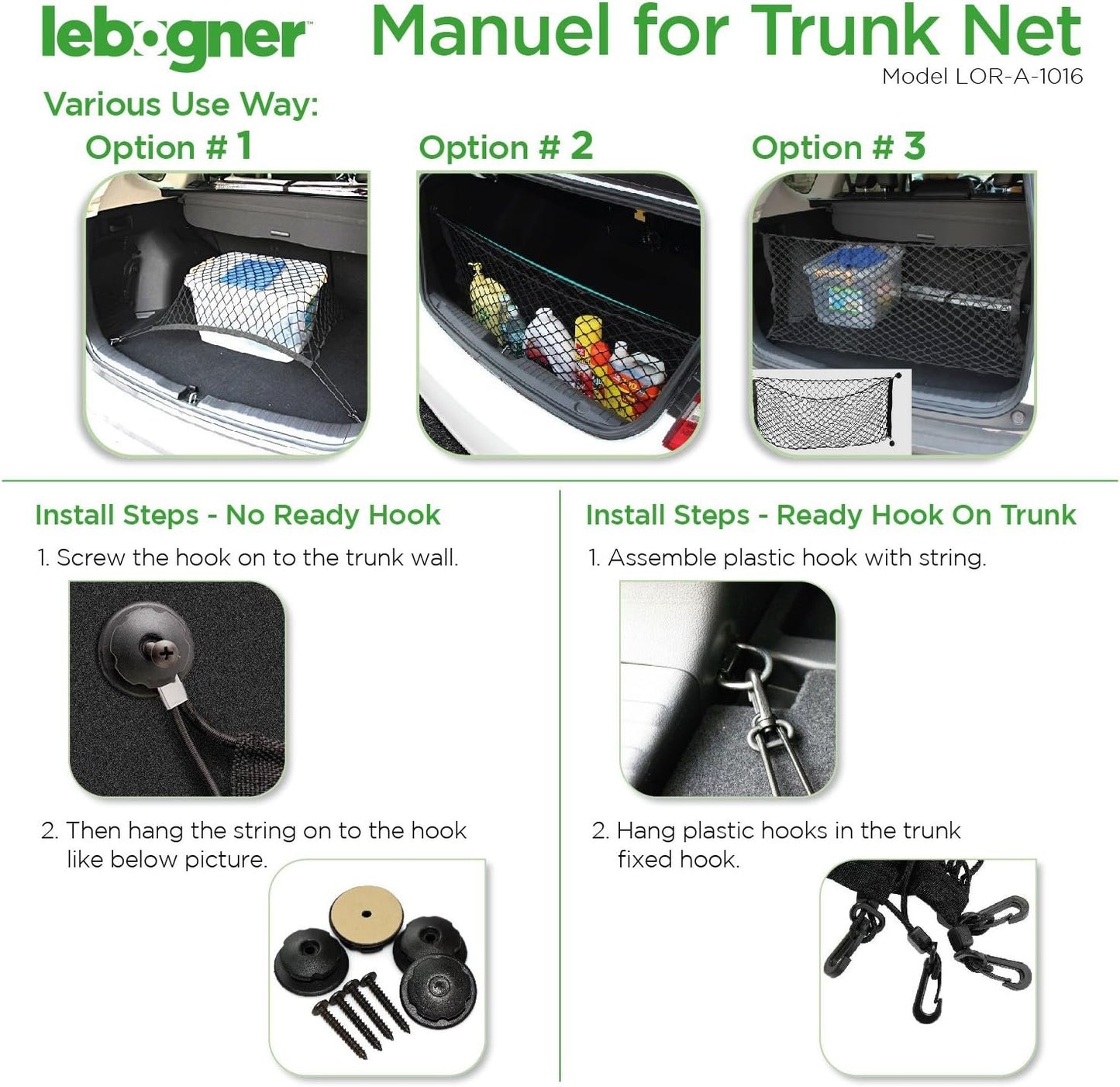 lebogner Trunk Storage Net Car Trunk Organizer, Mesh Net Hammock Cargo Storage Vehicle Organizer with 3 Mounting Options, Premium Quality Universal Fit Car Organizer