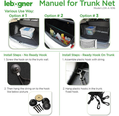 lebogner Trunk Storage Net Car Trunk Organizer, Mesh Net Hammock Cargo Storage Vehicle Organizer with 3 Mounting Options, Premium Quality Universal Fit Car Organizer
