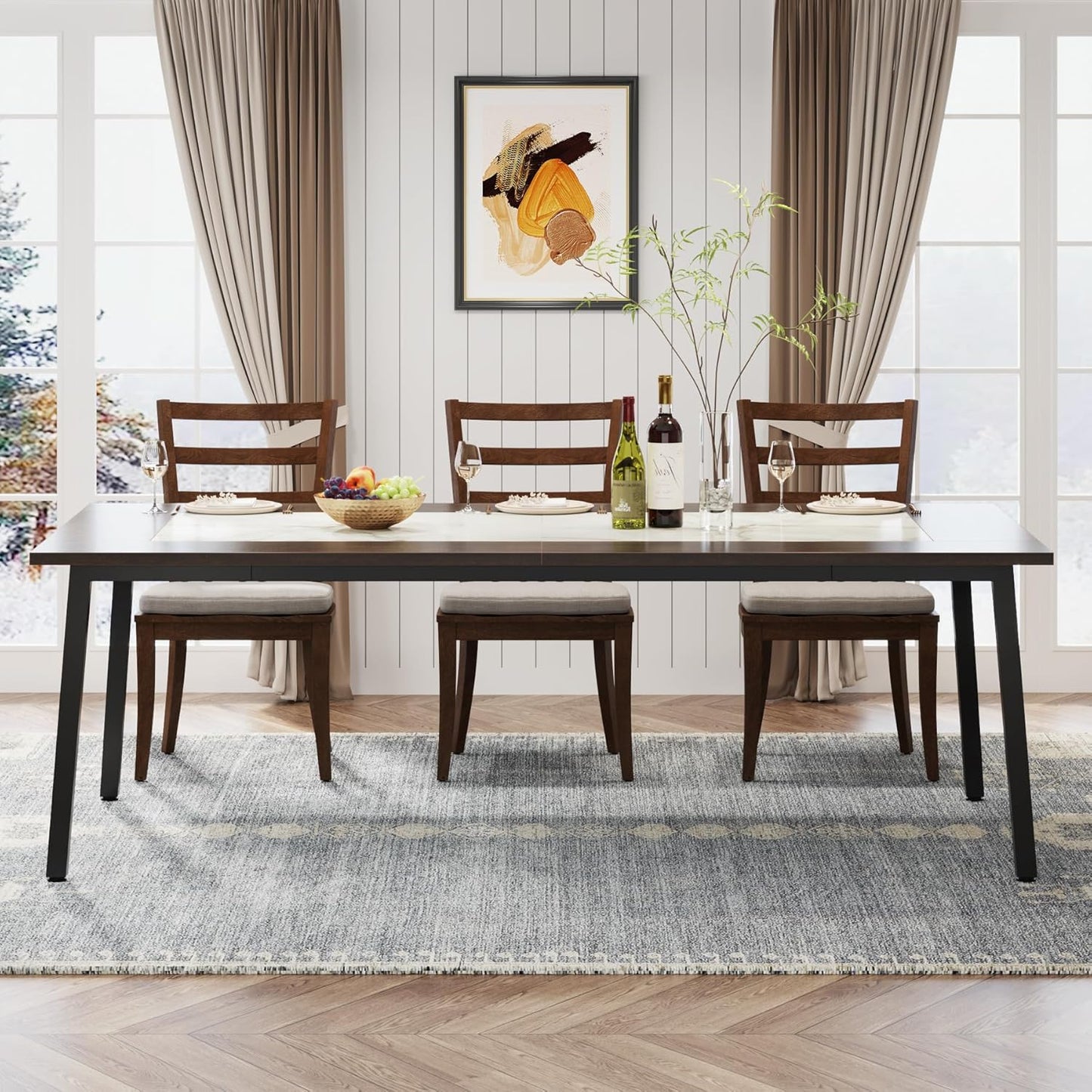 Tribesigns 200cm Dining Table for 8-10 People, Modern Large Kitchen Table Dining Room Table for Living Room, Kitchen, Rectangular Dinner Table with Metal Frame, Dark Brown and White