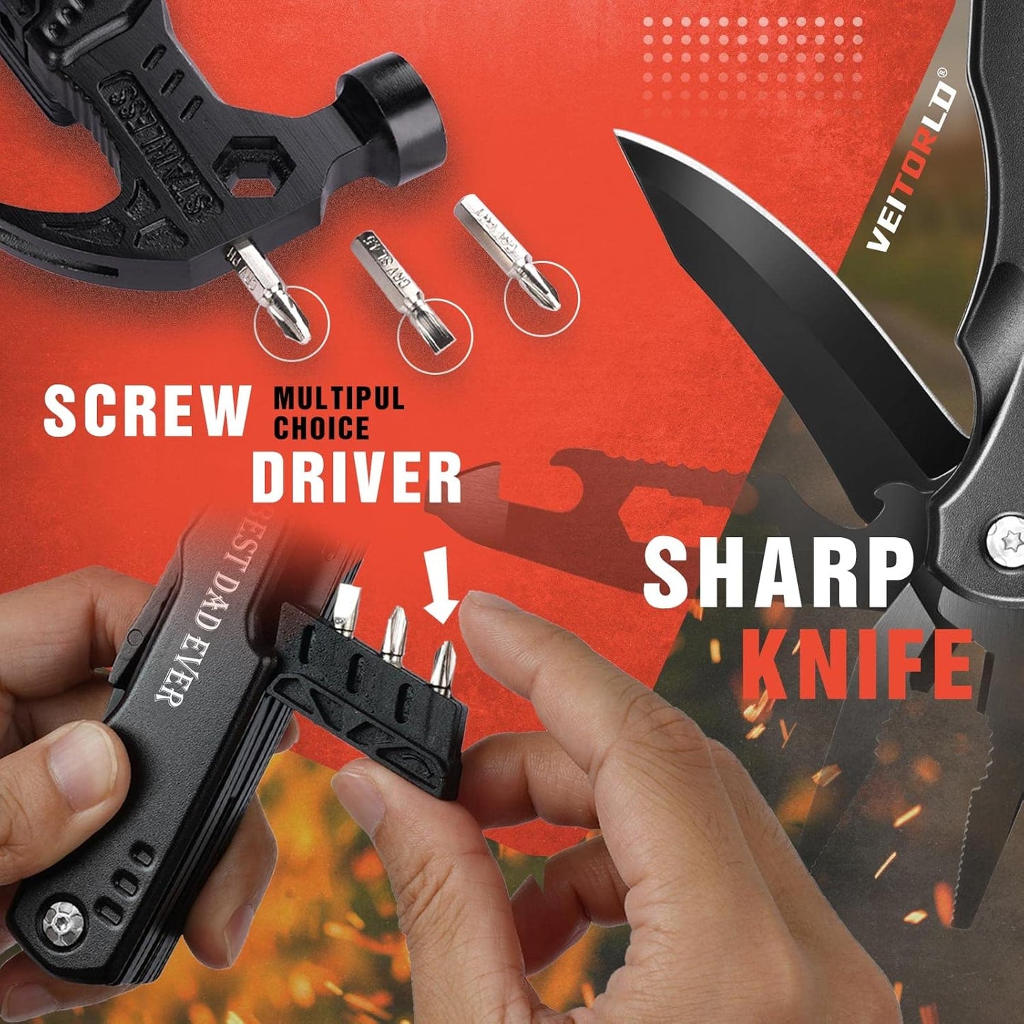 VEITORLD Gifts for Dad Men, Cool Fathers Day Birthday Gifts Ideas for Men Grandpa Papa from Daughter Wife Son, BEST DAD EVER Gift, All in One Survival Tools Hammer Multitool, Camping Hunting Presents