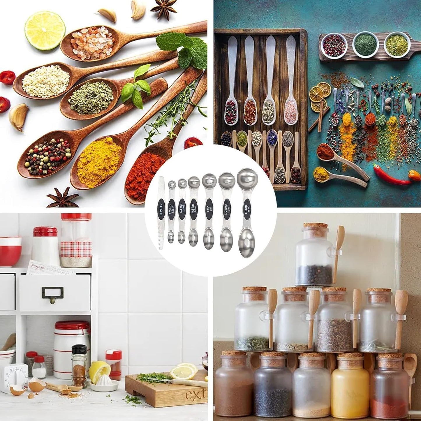 7-Piece Stainless Steel Magnetic Measuring Spoons Set with Leveler (7-Piece Stainless Steel Magnetic Measuring Spoons Set with Leveler-Colorful)