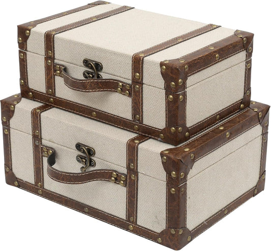 DECOR4SEASON Vintage Suitcase Linen Fabric Covered Decorative Trunk Set of 2 - Antique-Style Wood Chests, Perfect for Weddings and Keepsakes