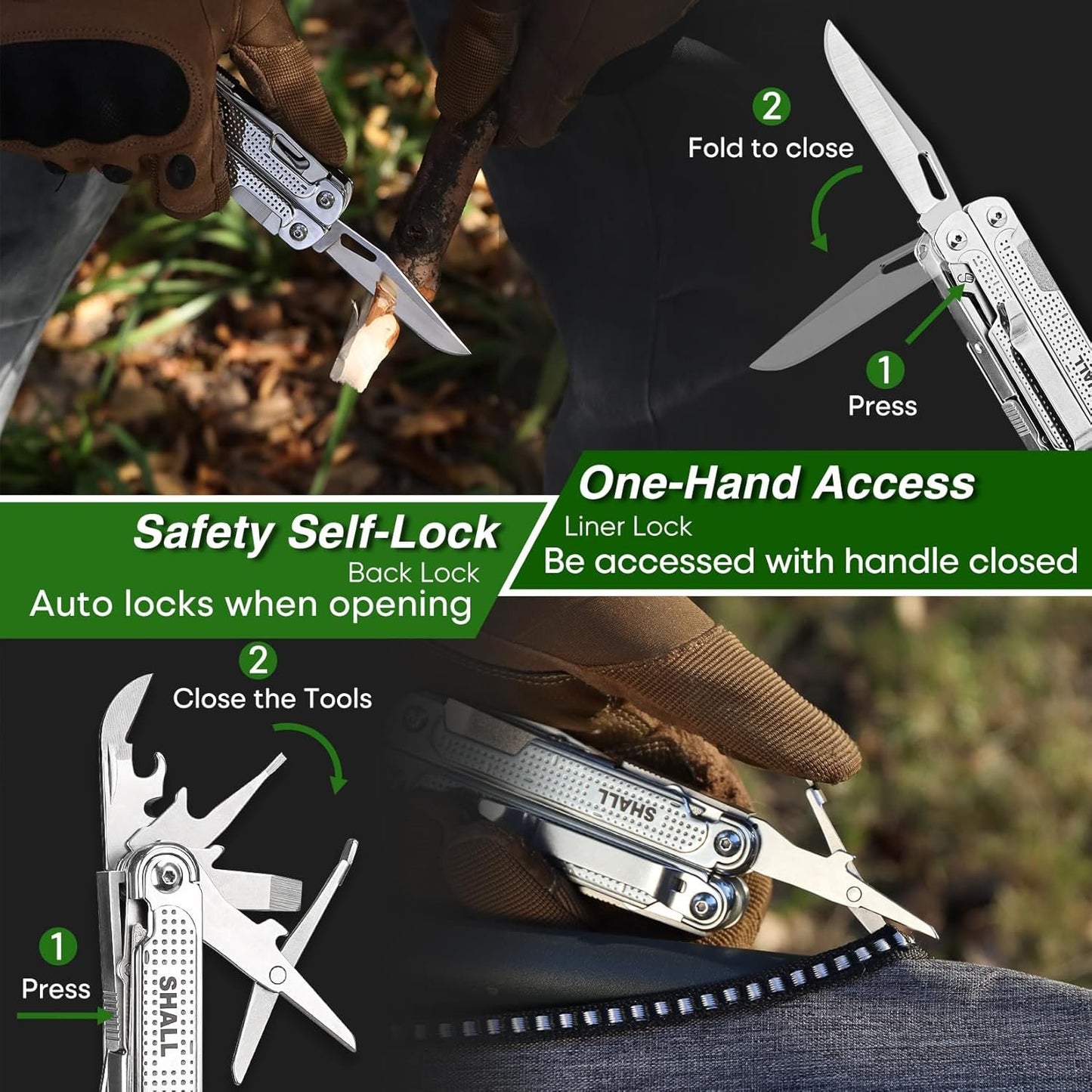 SHALL Multi Tool, 18-in-1 Multitool Pliers, Stainless Steel Multi-Tool Pocket Knife w/Screwdriver Bit & Universal Socket, Self-Locking Multipurpose Tool w/Sheath for Camping Fishing Survival Hunting