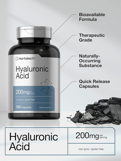 Horbaach Hyaluronic Acid 200 mg 150 Capsules | Supports Joint and Skin Hydration | Non-GMO & Gluten Free Supplement
