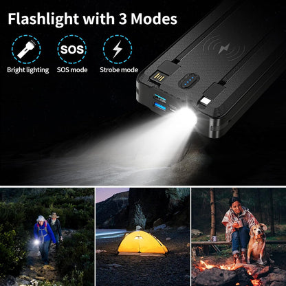 Solar Portable Power Bank Charge 6 phones at the Same Time 30000mAh Solar Charger With 4 wires and Wireless Charging Function LED Camping Lights External Battery Pack Outdoor Camping Equipment (Black)