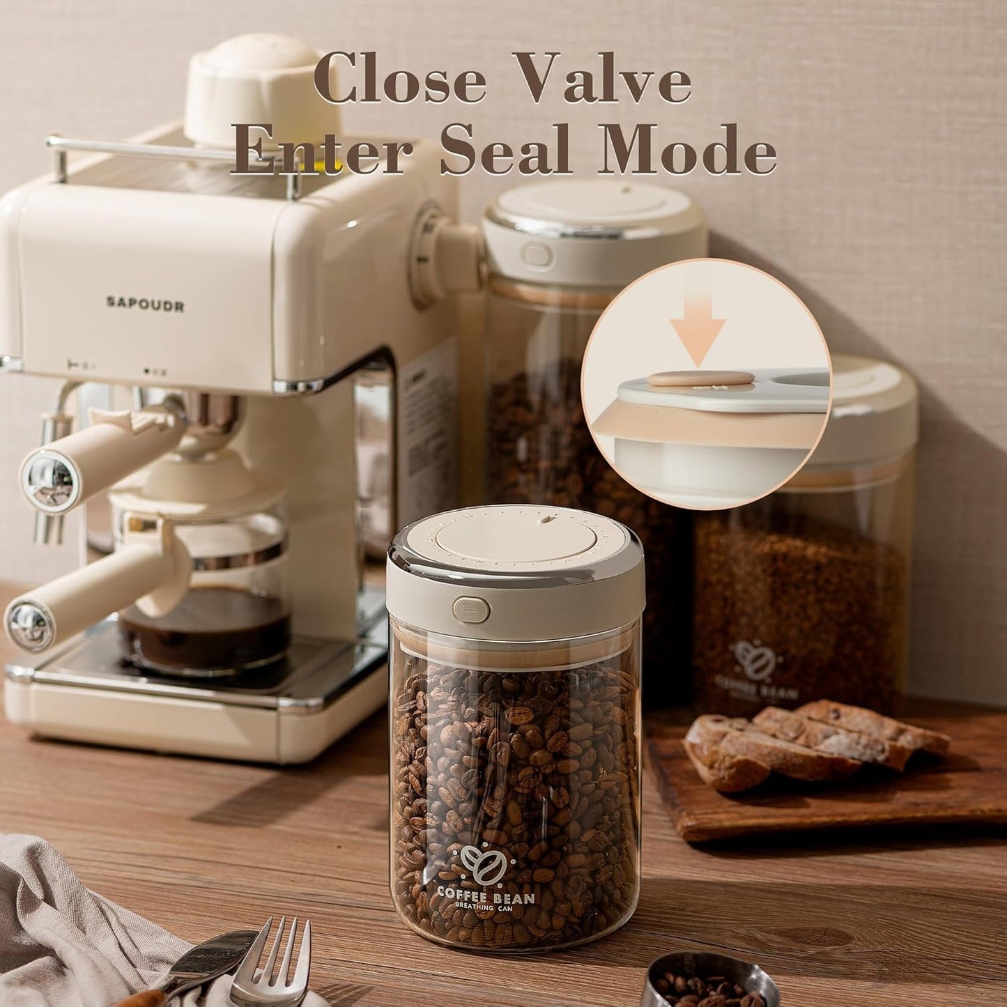 Coffee Bean Storage Container with One-way Valve Airtight Lid Date Tracker for Coffee and More Food Fresh and Storage, Clear Borosilicate Glass Coffee Canister (1.1L/37oz)