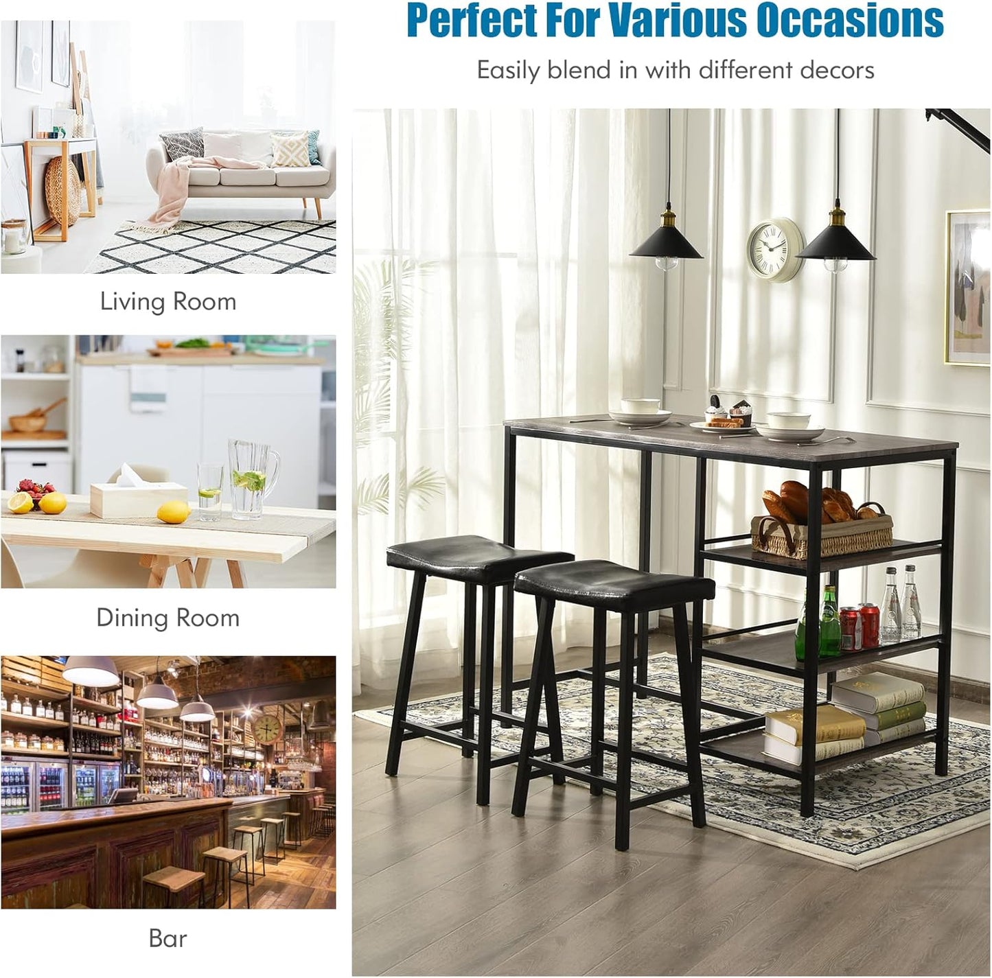 Giantex 3-Piece Dining Table Set, Counter Height Table Set w/2 Bar Stools, Modern Industrial Bar Table Set w/3 Tier Storage Shelves, Iron Frame, Soft Cushion, Perfect for Home, Kitchen, Dining Room