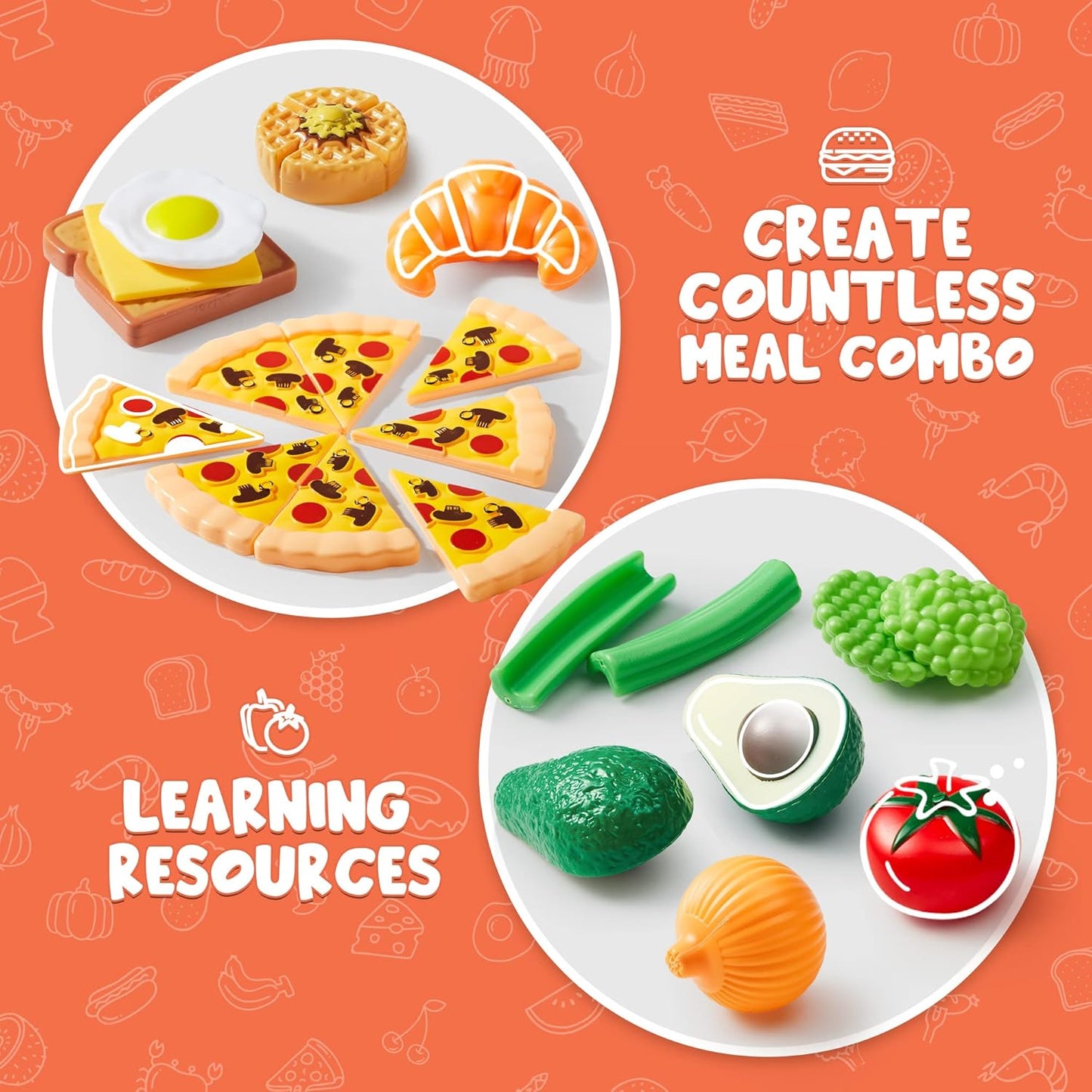 Play Food Set 135 Pieces Kitchen Set for Market Educational Pretend Playset Kids Toddlers Toys Kitchen Accessories Fake Food Party Favor Supplies Holiday