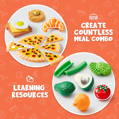 Play Food Set 135 Pieces Kitchen Set for Market Educational Pretend Playset Kids Toddlers Toys Kitchen Accessories Fake Food Party Favor Supplies Holiday