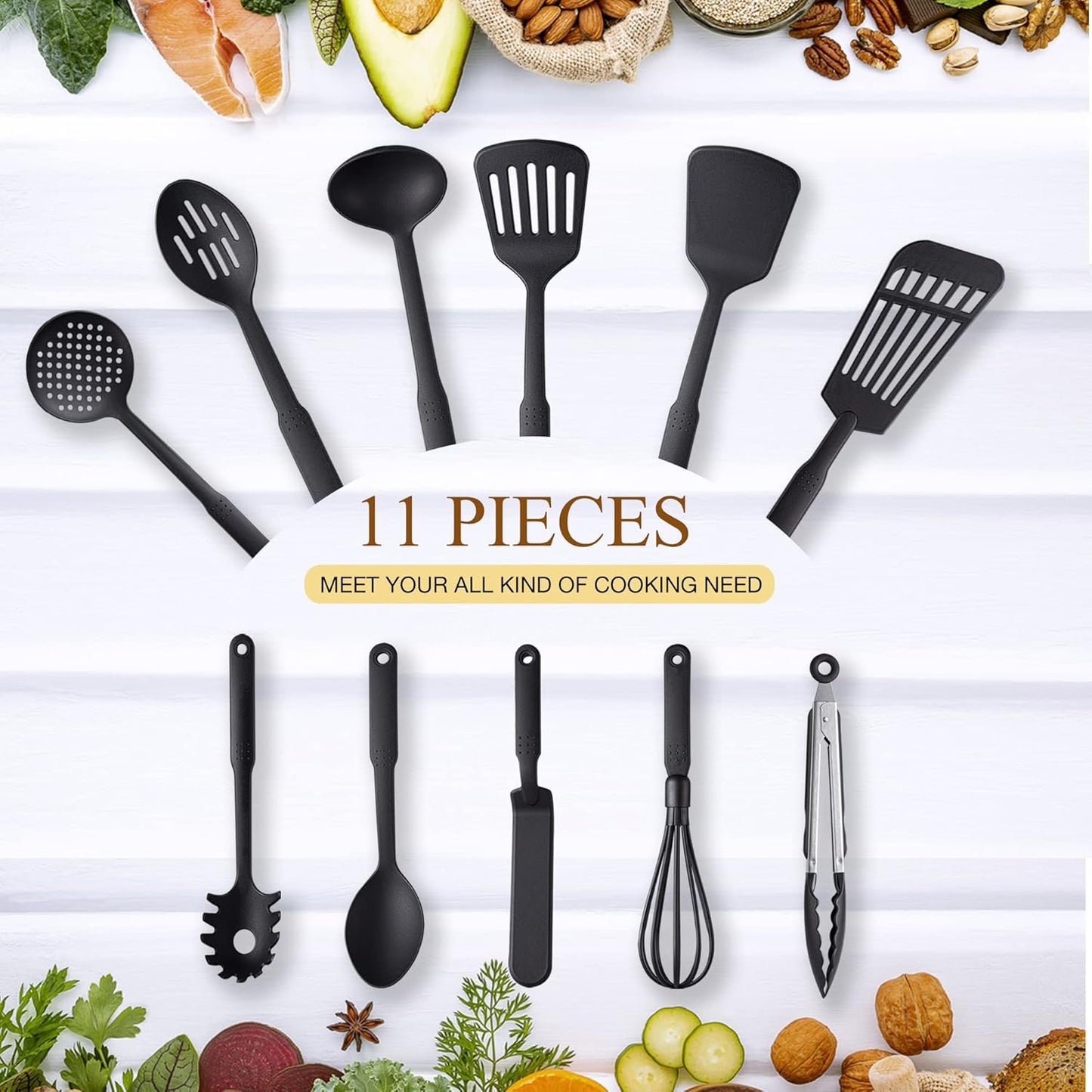 TJ POP Kitchen Utensils Set of 11 Pcs, Non-Stick Cooking Utensils Set 410°F Heat Resistant, BPA-Free Nylon Utensil Set, Kitchen Gadgets Accessories Tools for Cookware (Black)