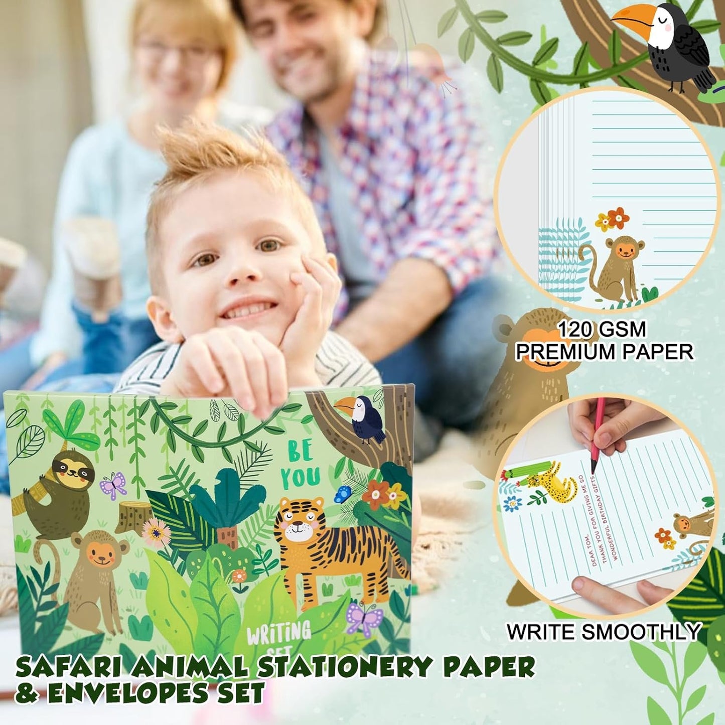 Paper Master Lined Stationery and Envelopes Set for Kids - Safari Animal Theme, 30 Sheets + 20 Envelopes, 8.3 x 5.9 Inch Letter Writing Paper