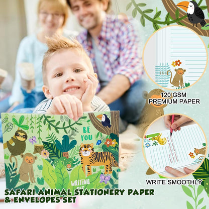 Paper Master Lined Stationary Paper and Envelopes Set for Kids Safari Animal Stationary Set with Lined Letter Writing Paper 30 Sheets + 20 Envelopes, 8.3 x 5.9 Inch of Each Stationary Paper