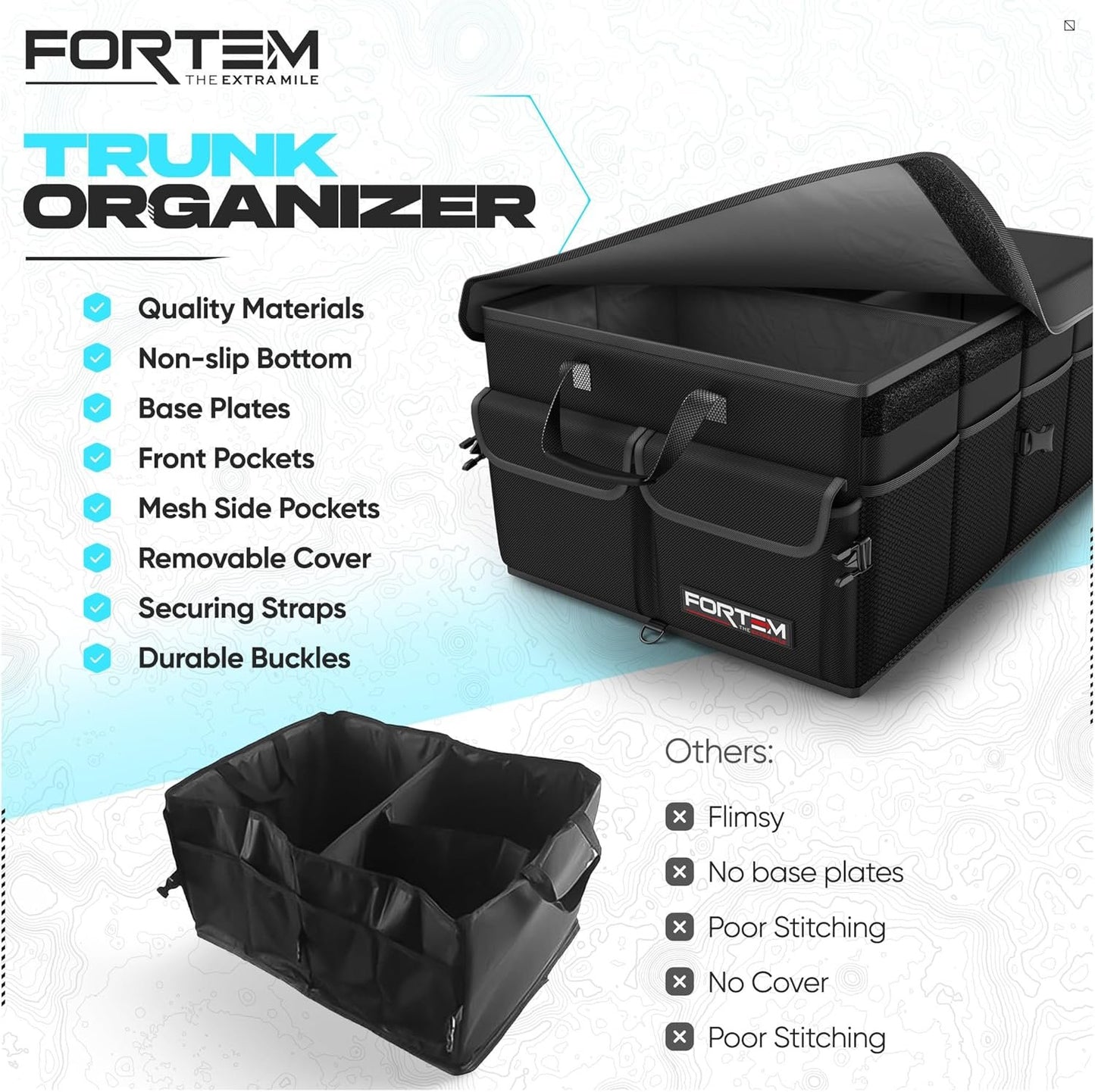 FORTEM Car Boot Organiser, Car Storage Organiser, Car Accessories, Collapsible Multi Compartment Car Organiser, Car Boot Tidy, Non Slip Bottom, Adjustable Securing Straps 50L (Black, Standard)