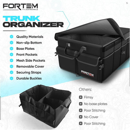 FORTEM Car Boot Organiser, Car Storage Organiser, Car Accessories, Collapsible Multi Compartment Car Organiser, Car Boot Tidy, Non Slip Bottom, Adjustable Securing Straps 50L (Black, Standard)