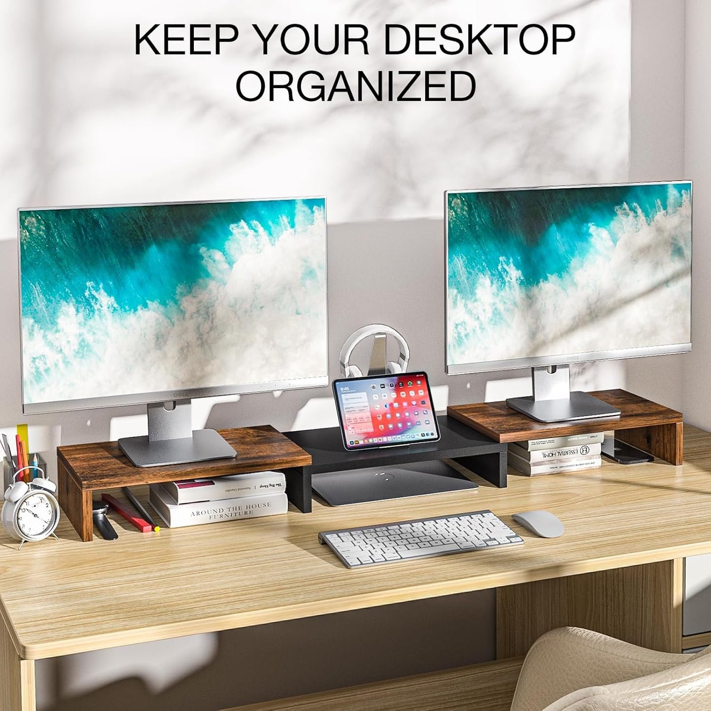 Rfiver Dual Monitor Stand, Desk Monitor Riser with 48.2" Adjustable Length and Angle, Computer Monitor Stand for Desk Riser Shelf, Office Supplies, Computer Accessories, Brown