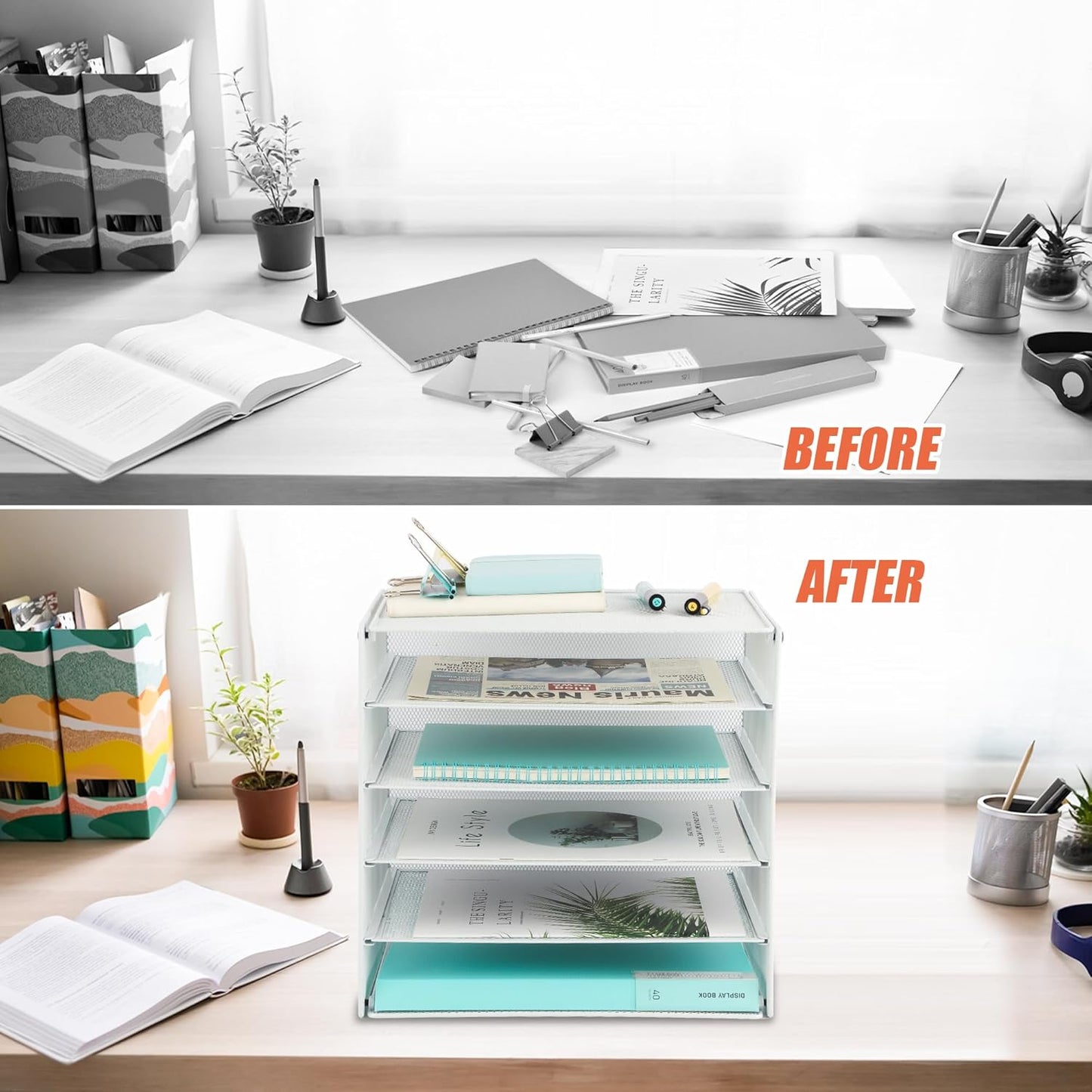 EASEPRES 5 Slot Mesh Desk Organizer Tray, File Paper Letter Folder Holder Desktop Paper Sorter Mail Organization Rack Storage Accessories, for Office Home School Classroom, White