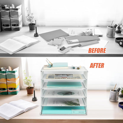 EASEPRES 5 Slot Mesh Desk Organizer Tray, File Paper Letter Folder Holder Desktop Paper Sorter Mail Organization Rack Storage Accessories, for Office Home School Classroom, White