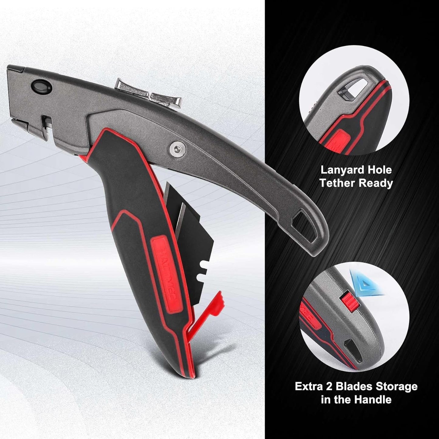 HAUTMEC Heavy Duty Utility Knife With Dual Cutting Mechanism: Safety Auto-Retracting Cutting and Precision 3 Position Depth Tough Cutting, Professional Box Cutter With 3 Black Sk4 Blades, HT0311