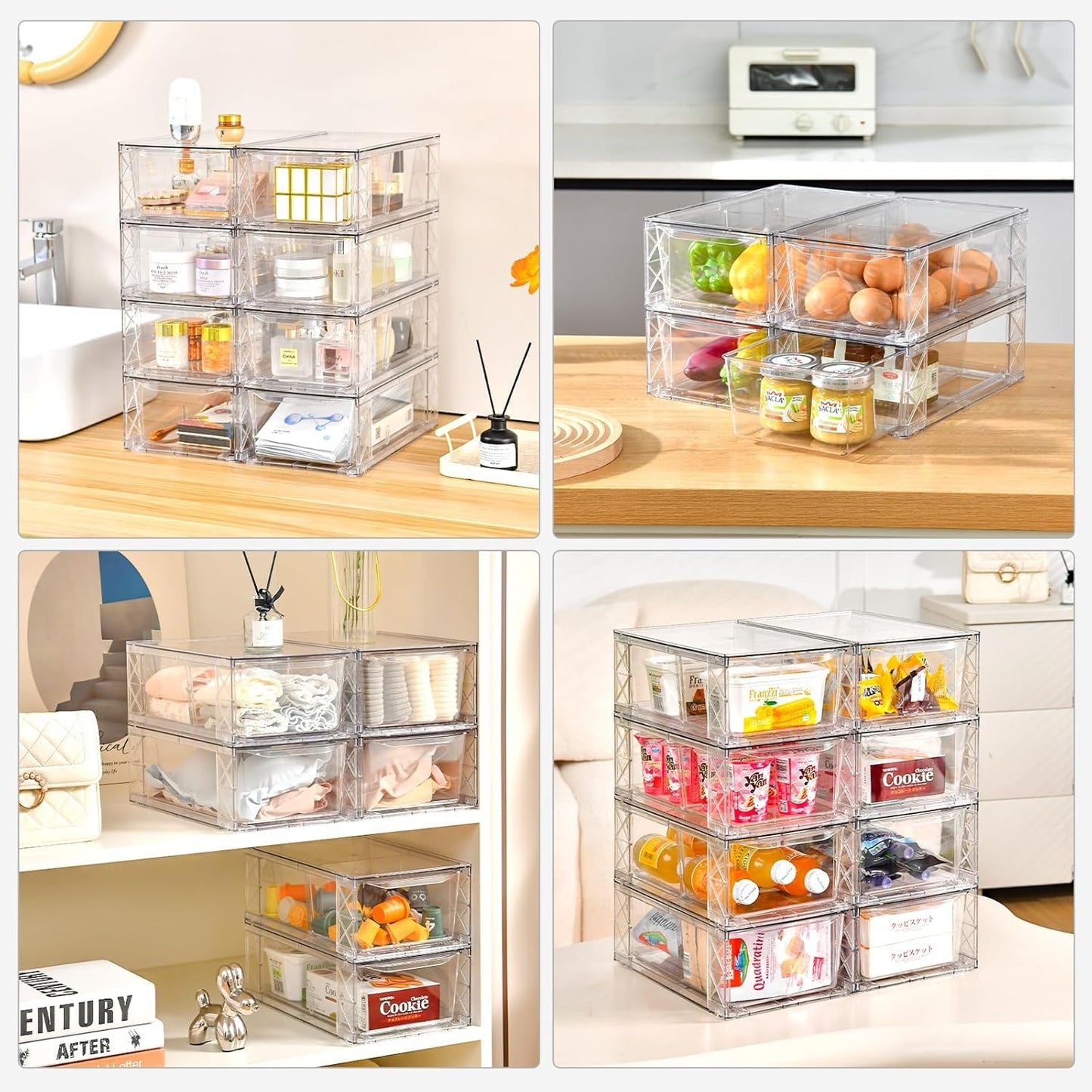 6Pack Clear Stackable Kitchen Storage Organizer,Foods Organizer Bins with Handles, Easily Assemble for Bathroom, Kitchen, Refrigerator, Pantry, Cabinet, Closet