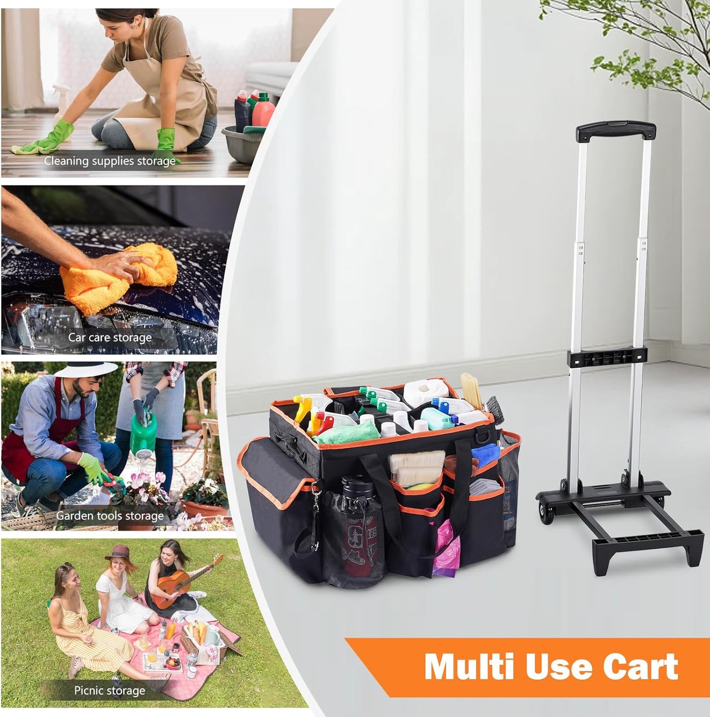 Puricon Cleaning Caddy with Wheels, Professional Portable Rolling Cleaning Supplies Bag with Detachable Trolley Large Cleaning Cart with Handle and Shoulder Strap for Housekeeping -Blackorange