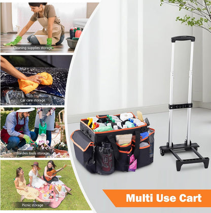 Puricon Cleaning Caddy with Wheels, Professional Portable Rolling Cleaning Supplies Bag with Detachable Trolley Large Cleaning Cart with Handle and Shoulder Strap for Housekeeping -Blackorange