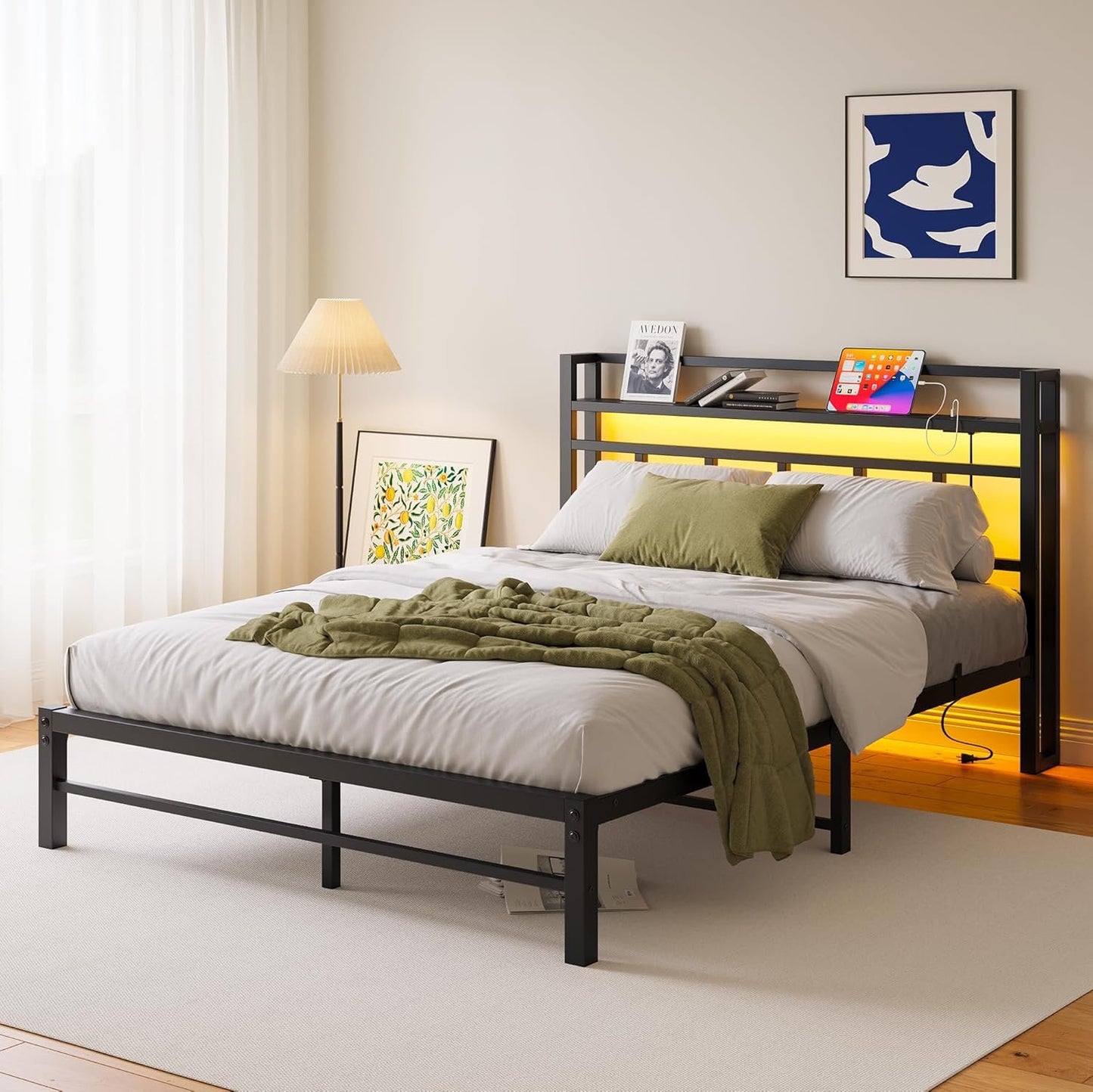 Maliacife Queen Bed Frame with Storage Headboard,Metal Platform Bed with USB Charging Station and Led Lights,Heavy Duty Steel Slats,Mattress Foundation, No Box Spring Needed,Easy Assembly,Black