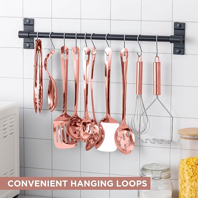 COOK WITH COLOR Kitchen Utensil Set - 10-piece premium Nonstick & Heat Resistant Kitchen Gadgets, Turner, Spaghetti Server, Serving Spoons, Whisk, Tongs, Masher & Utensil Holder, Rose Gold