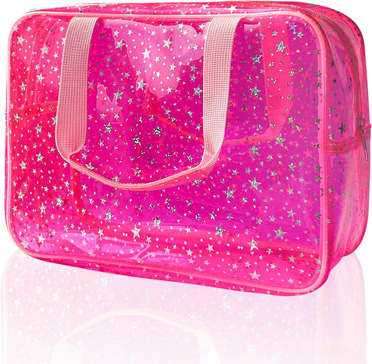TotePrint Clear Star Large Toiletry Bag and Travel Case with Handle Durable Material Zipper Design Ideal for Makeup Travel Essentials, pink, Bag with printed star handle