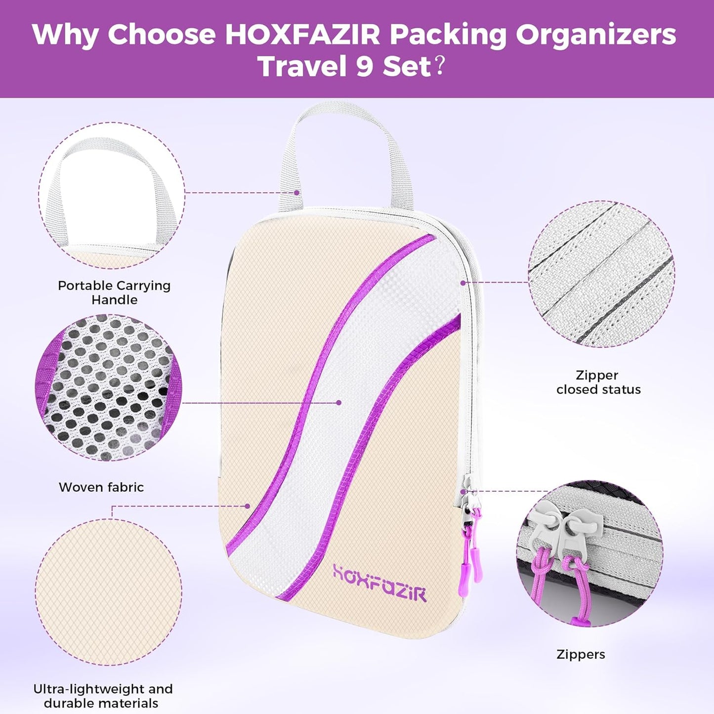 HOXFAZIR Compression Packaging Cube 9 Set Organization Travel Luggage Bag Set for Travel Accessories Compressed Expandable Packing Organizers