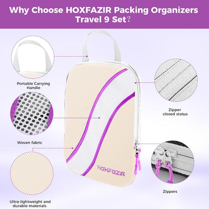 HOXFAZIR Compression Packaging Cube 9 Set Organization Travel Luggage Bag Set for Travel Accessories Compressed Expandable Packing Organizers