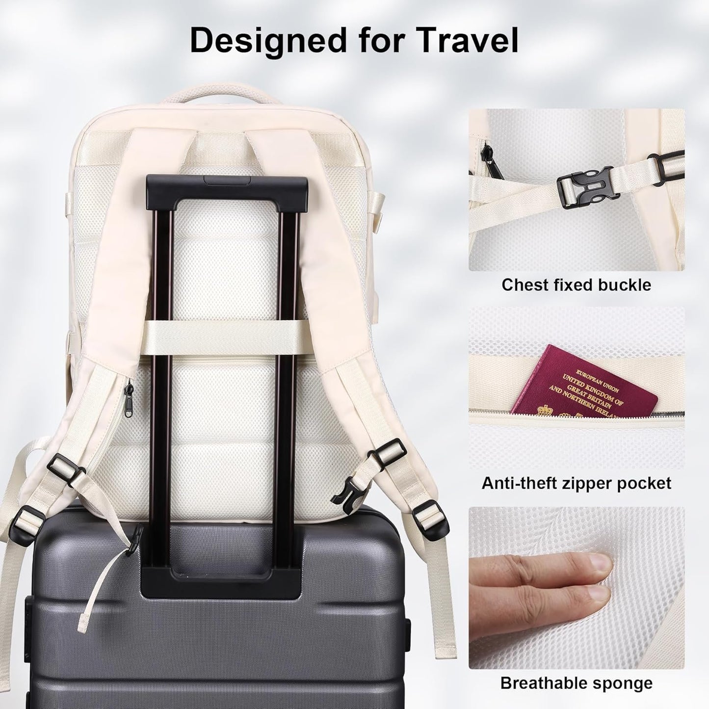 HOMIEE 40L Travel Laptop Backpack, Flight Approved Carry-On 17" Laptop Backpack, Travel Luggage Backpack with Charging Port (White Extra Large)
