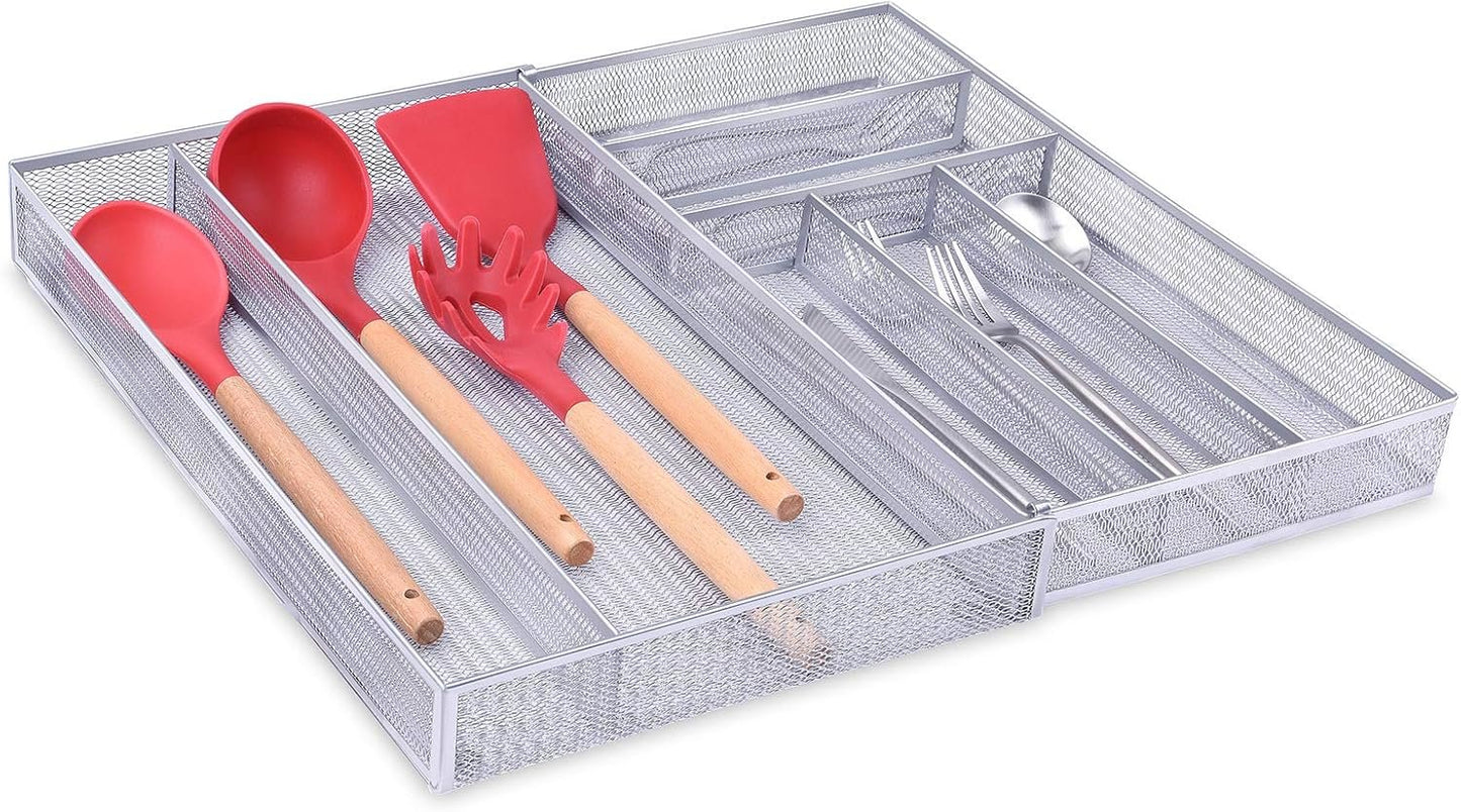 Mesh Kitchen Drawer Organizer Expandable, 7 Compartment Large Silverware Organizer/Cutlery Tray with Anti-Slip Mat, Adjustable Utensils Flatware Tray