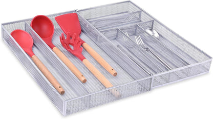 Mesh Kitchen Drawer Organizer Expandable, 7 Compartment Large Silverware Organizer/Cutlery Tray with Anti-Slip Mat, Adjustable Utensils Flatware Tray