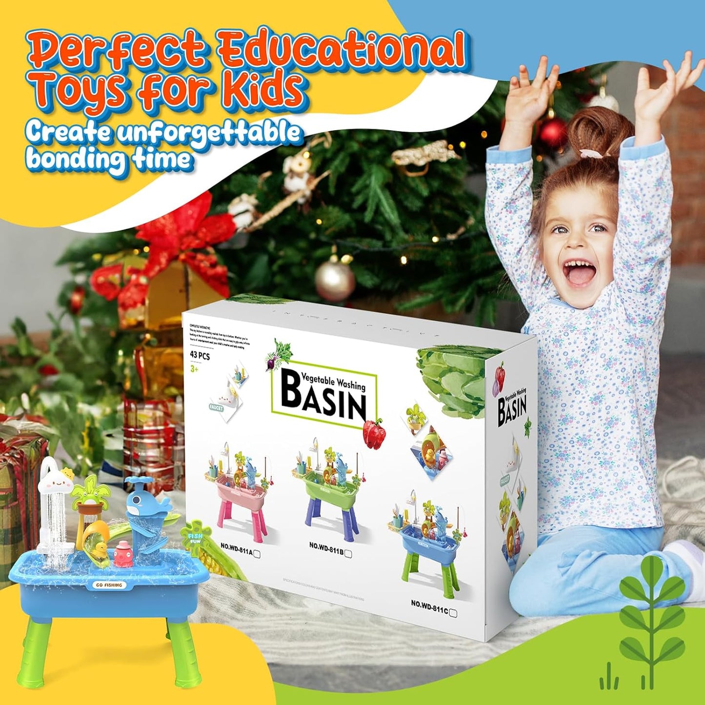 21" H Play Sink with Running Water, 4-in-1 Kids Kitchen Sink Toy with Electric Faucet, Mini Water Table with Detachable Legs, Fishing Game, Pretend Play Dishwasher Gift Set for Boys & Girls(Blue)