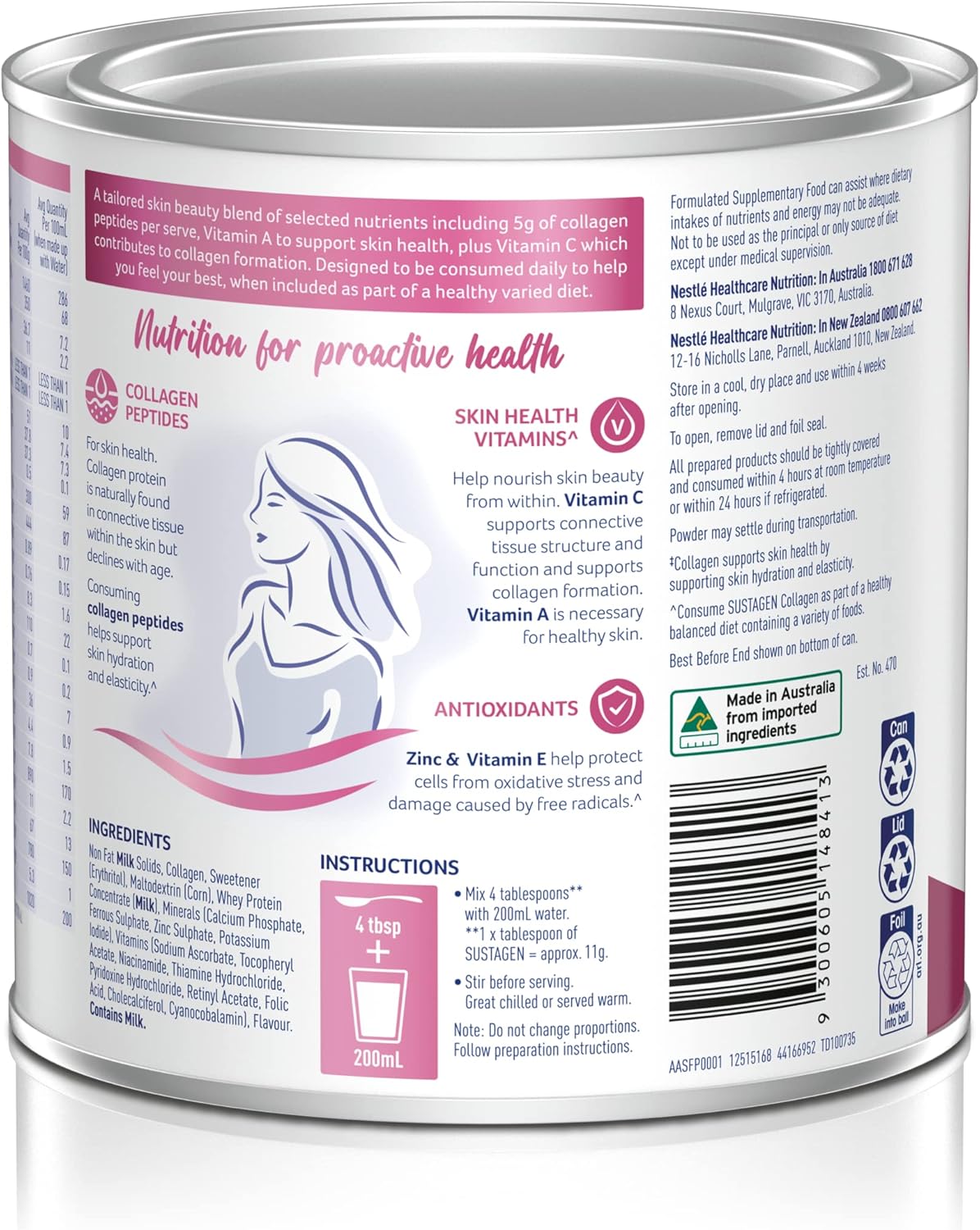 Sustagen Skin Health Nutrition Collagen Powder, Vanilla Flavour, 910g