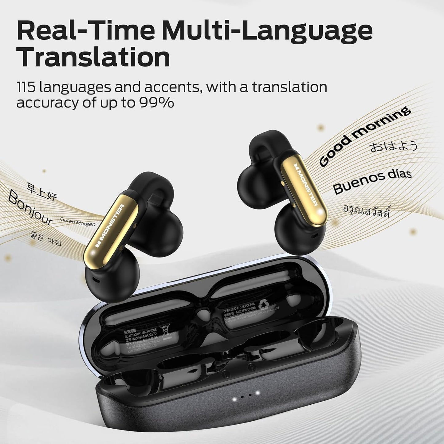 Monster AI Translation Earbuds Open AC601, 3-in-1 Translator Wireless Earbuds, Bluetooth 6.0 Open Earphones with 115 Languages Translation, Real-Time AI & Touch Control Wireless Headphone