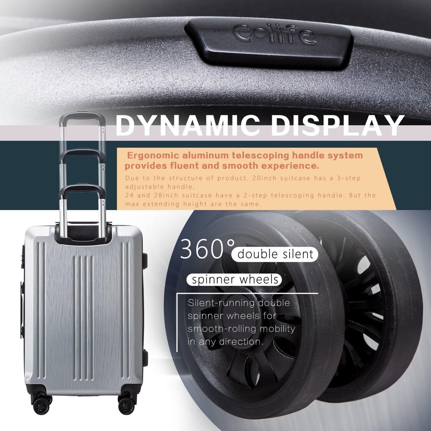 Coolife Luggage Expandable(only 28") Suitcase PC+ABS with TSA Lock Spinner 20in24in28in (Grey, M(24in)
