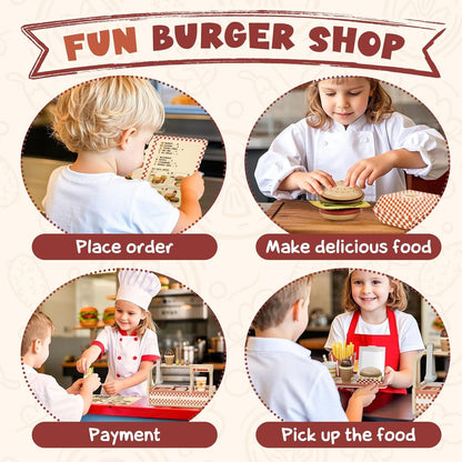 Lehoo Castle Wooden Play Food Sets for Kids Kitchen, Pretend Play Hamburger Counter Shop, Play Kitchen Accessories 3+, Montessori Toys for Toddlers 3-5 Year Old Boys Girls