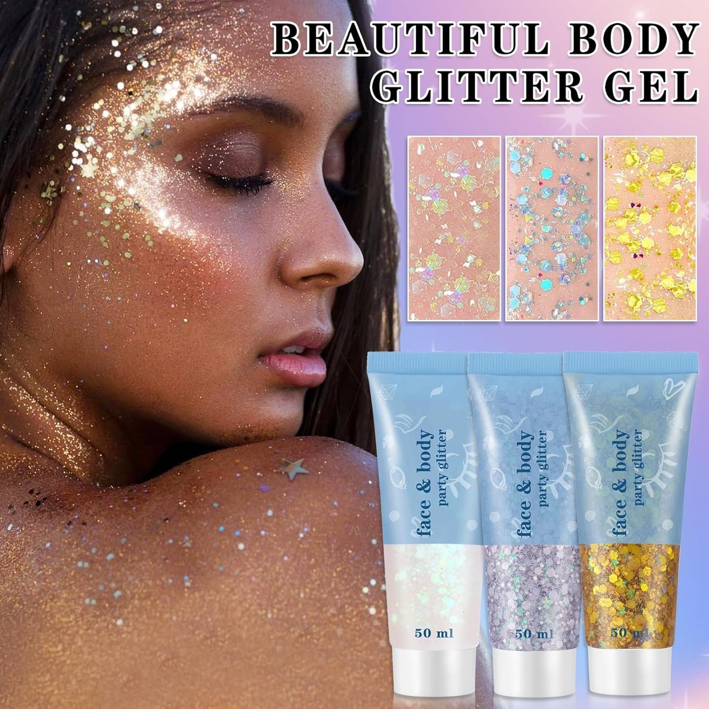DAMUSI 3 Colors Face Glitter Gel Body Glitter Holographic Hair Glitter for Kids,Face Glitter Makeup,Chunky Sequins Face Body Hair Glitter Gel,Festival Rave Accessories (Gold+Silver+White)