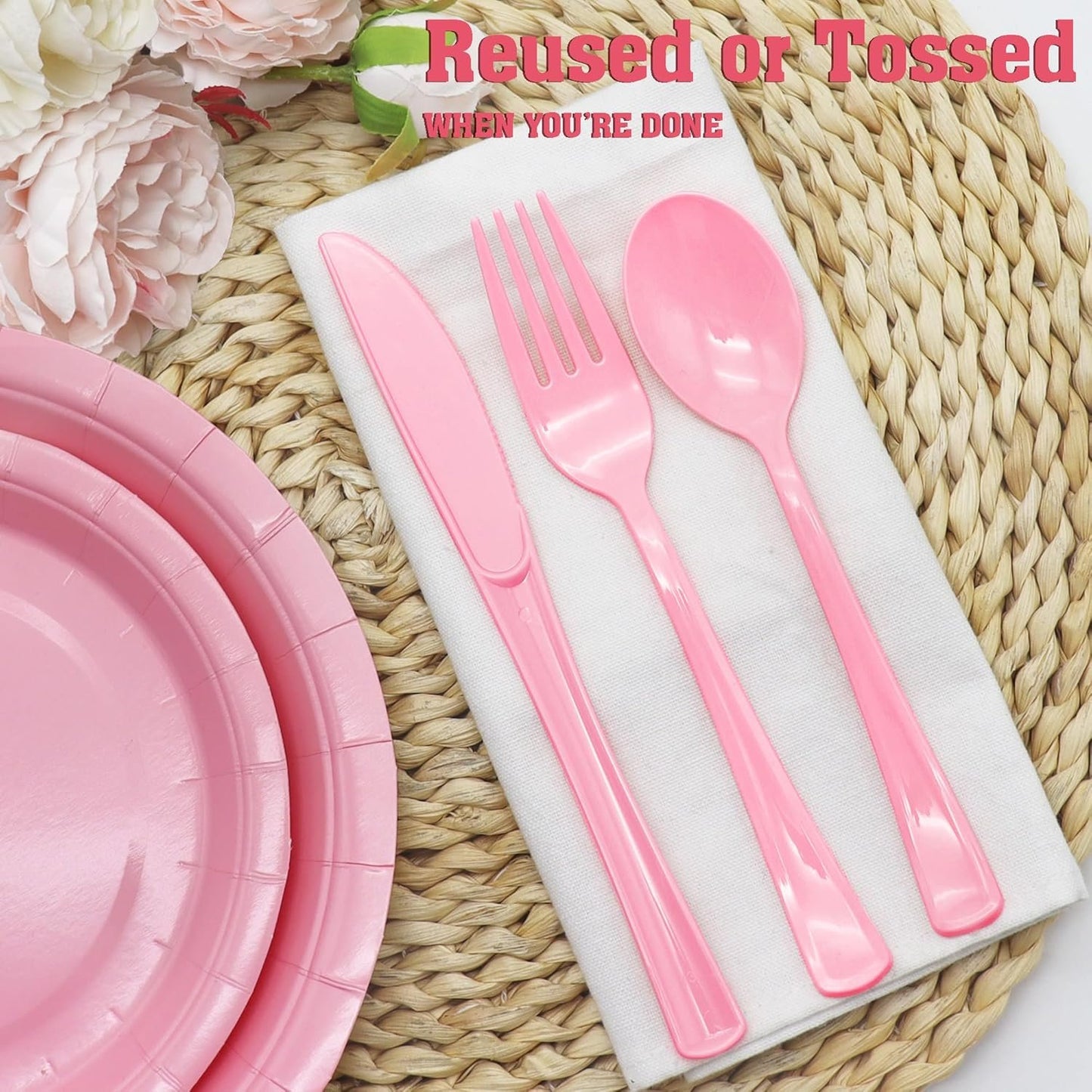 150 Pack Light Pink Plastic Disposable Heavy Duty Utensil Set - 50 Forks, 50 Knives, 50 Spoons for Pink Party Decorations Wedding Birthday