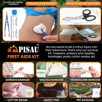 PISAU Survival Kits, 250 Pcs Emergency First Aid Kit Supplies for Vehicles Travel car Camping Hiking Disaster Preparedness
