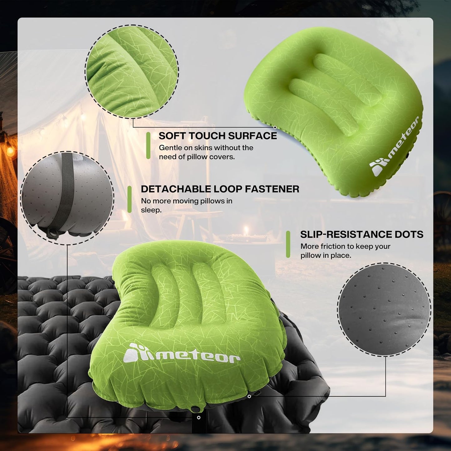 Meteor Ultralight Inflatable Camping Pillow – Compact 110g Travel Cushion for Beach, Flight, Outdoor, Lumbar, and Neck Support (Green)