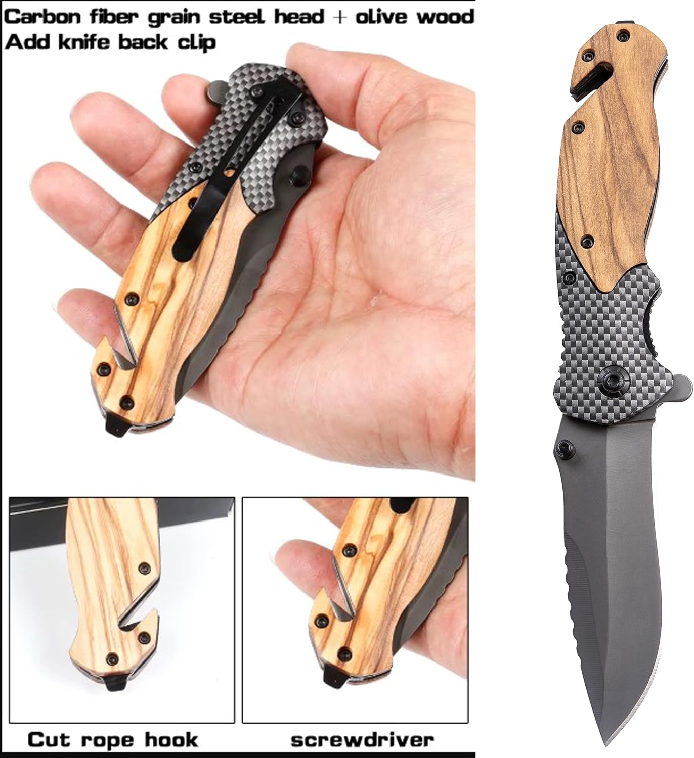 EDC Folding Knife-Pocket knife-Glass Breaker, Seatbelt Cutter, Perfect for Camping,Everyday Carry Knife for Men and Women-Indoor/Outdoor-Wooden Handle