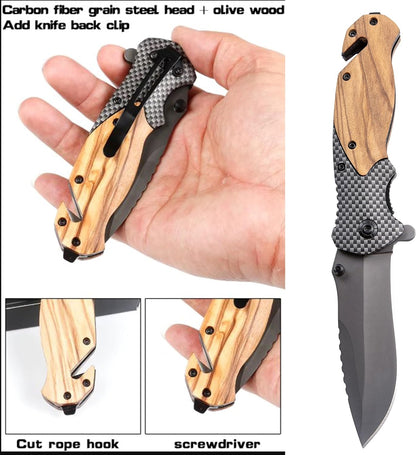 EDC Folding Knife-Pocket knife-Glass Breaker, Seatbelt Cutter, Perfect for Camping,Everyday Carry Knife for Men and Women-Indoor/Outdoor-Wooden Handle