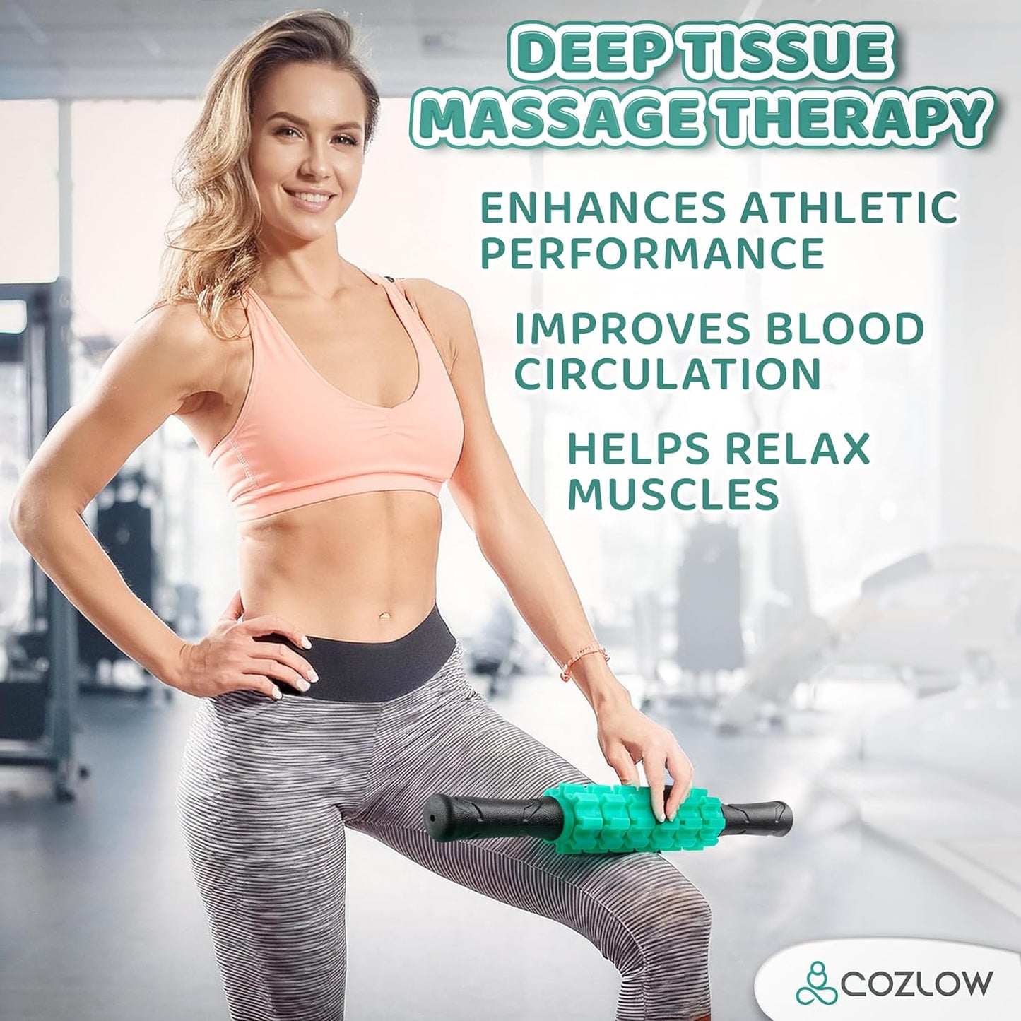 Muscle Roller Stick - Green - Body Massage Tool w/ 6 Rollers & Non-Slip Handles for Deep Tissue Massage & Maximum Muscle Recovery - by Cozlow