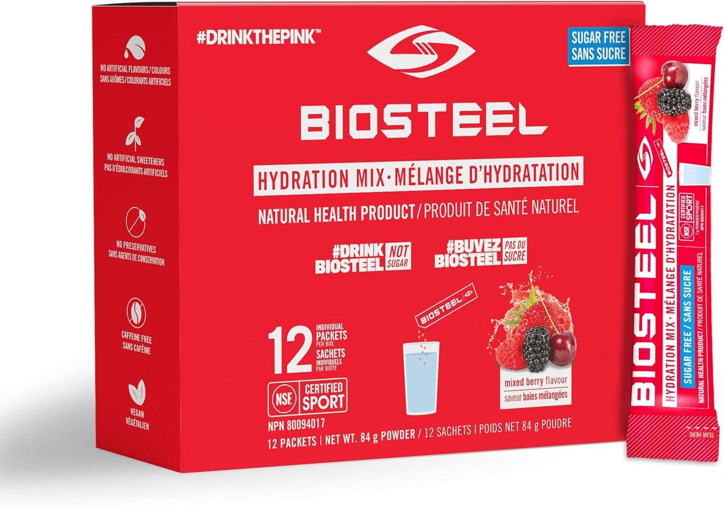 BioSteel Hydration Mix, Proudly Canadian - Great Tasting Hydration with Zero Sugar, and No Artificial Flavours or Preservatives, Mixed Berry Flavour, 12 Single Serving Packets