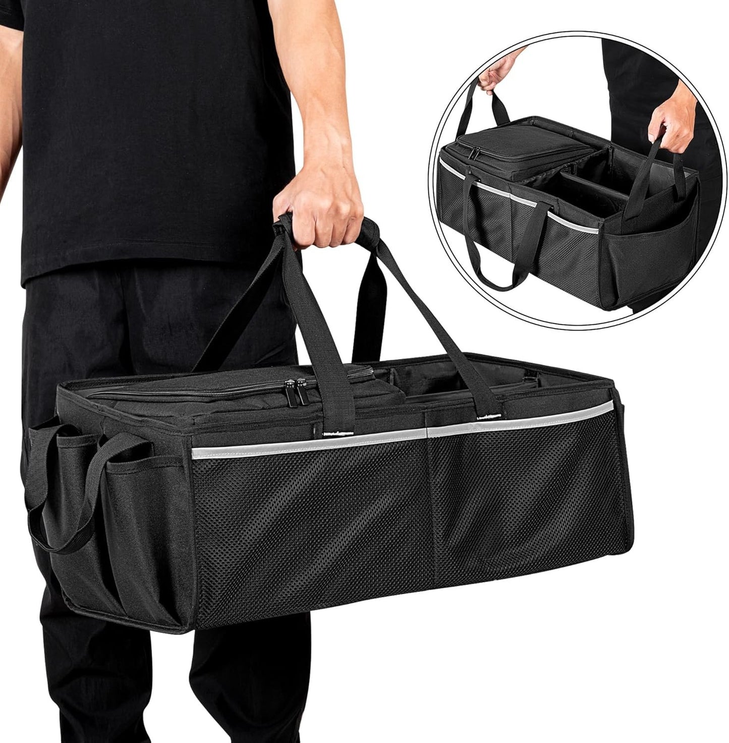 GRAOSO Front Trunk Organizer with Cooler Bag Compatible with Tesla Model 3 / Model Y, Frunk Storage Bag Collapsible with Multi-Compartment for Trip Accessories, Tools, Food and Drink, Black